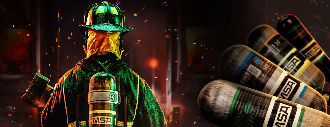 Firefighter wearing MSA's G1 SCBA, with SCBA images on the side.